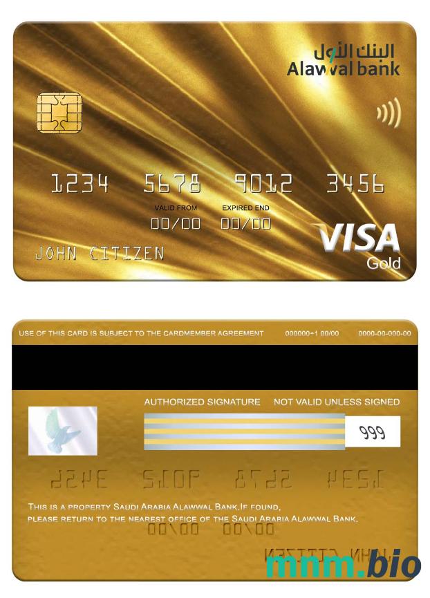 Saudi Arabia Alawwal Bank visa złoto karta przykład w formacie PSD